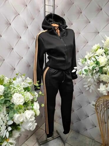 Dva‑dela ženski trenerka komplet – crna sa bež duplim prugama -