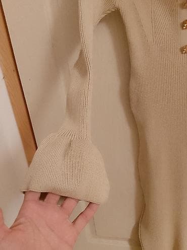 Ženska obuća: Rebrasta pletena haljina, bež/boja peska. - Kroj: uska, midi dužina — 2