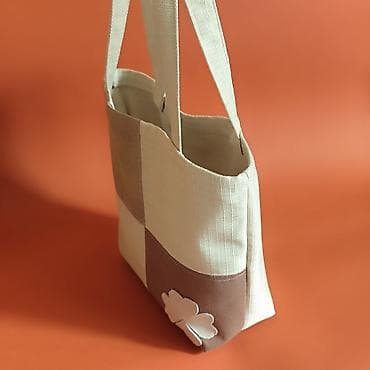 torbe od platna: Ručno šivena tote torba – patchwork dizajn u bež i braon tonovima - — 4