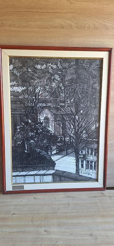 kucni namestaj: Uramljeni crtež tušem – gradska veduta sa pravoslavnom — 1