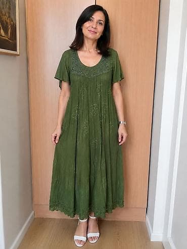 rucni zenski satovi: Zelena duga haljina boho kroja - Boja: maslinasto zelena - Dužina — 1