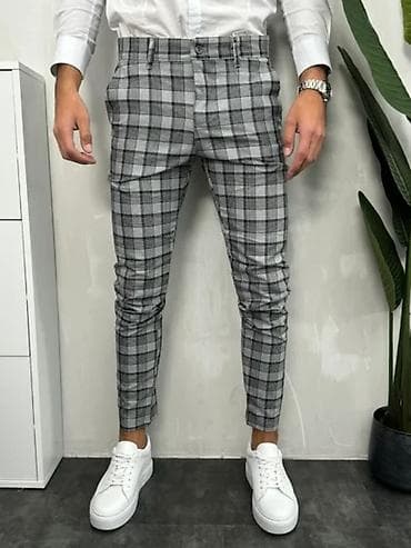 Trousers: Muške karirane pantalone – slim/skinny kroj - Dizajn: sivo-crni — 1