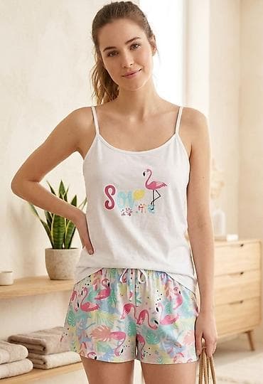 ritual sakura set: Ženski pidžama set – top na bretele i šorts sa flamingo printom. - — 1