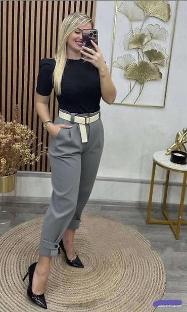 m10 pantalone: ✅Elegantne ženske pantalone sa kaišem - Model: visok struk, blago — 7