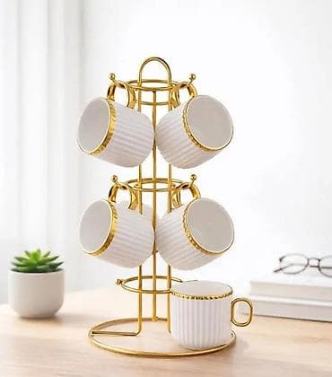 metalac akcija: Set porcelanskih šoljica sa postoljem za odlaganje - Elegantne bele — 1