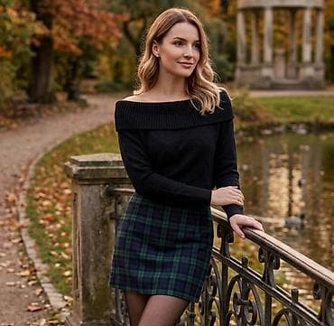 karirane haljine za devojcice: Ženska pletena bluza sa spuštenim ramenima + karirana mini suknja - — 1