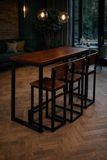 Sets of table and chairs: Industrijski bar sto sa tri barske stolice – masivno drvo i čelik - — 2