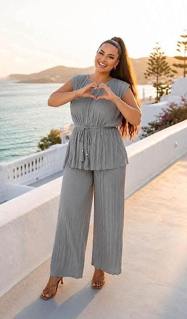 pull and bear pantalone zenske: Dvodijelni ženski komplet – plisirani top bez rukava i široke — 1