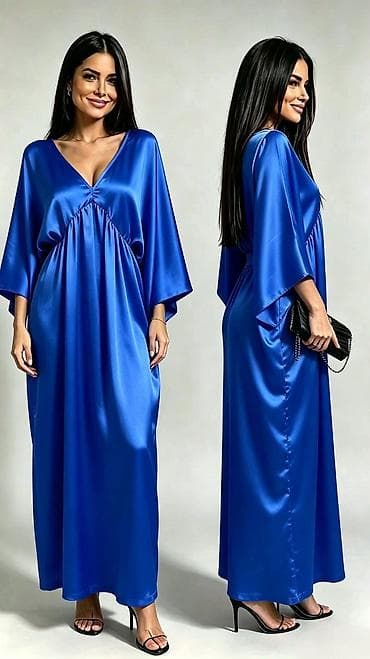 svecani zamena: Duga satenska haljina sa V‑izrezom i širokim kimono rukavima - Model — 6