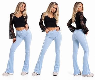 Helanke, biciklistički šortsevi: Ženske rebraste helanke/pantalone na zvono – svetloplave - Kroj — 3