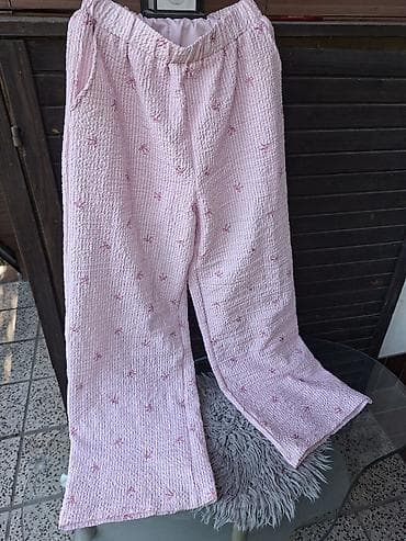 elipsa tunike: Roze ženske pantalone od laganog, teksturiranog materijala sa sitnim — 1