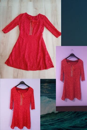 Dve haljine – crvena tartan košulja-haljina i crvena čipkana haljina — 6