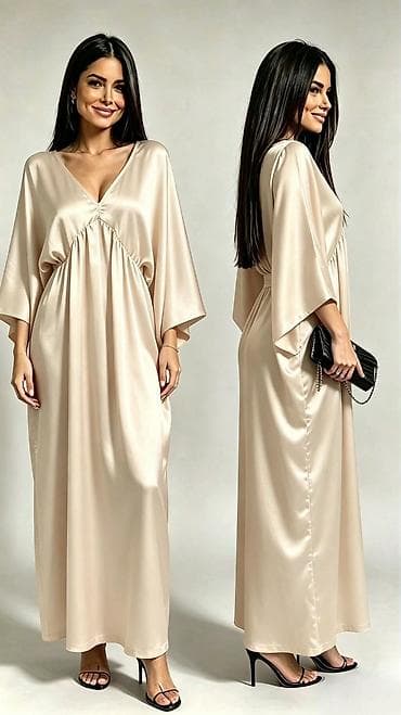 svecani zamena: Duga satenska haljina sa V‑izrezom i širokim kimono rukavima - Model — 5
