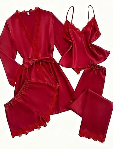 pidzame jednodelne: Ženski satenski set za spavanje – 5 delova, bordo/crvena - Materijal — 1