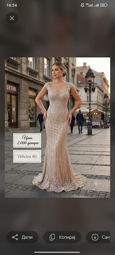 pletene popke: Elegantna duga večernja haljina u boji šampanjca, kroj sirena — 1
