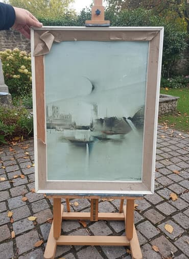 stilski namestaj za dnevne sobe: Umetnička slika – apstraktni pejzaž luke sa čamcima - Tehnika — 1