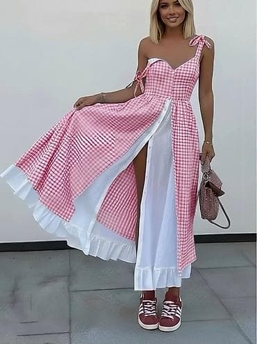 Letnja maxi haljina na bretele sa kariranim printom - Model: duga