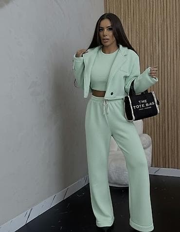 l: ✅Ženski trodelni komplet – kratki blejzer, crop top i široke trenerke — 2