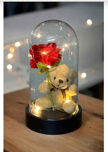 Staklena dekorativna kupola sa LED osvetljenjem – ruža i plišani meda — 1