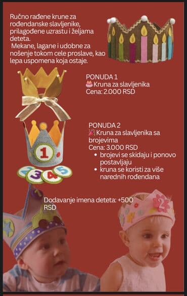 Ručno rađene rođendanske krune za slavljenike, prilagođene uzrastu i