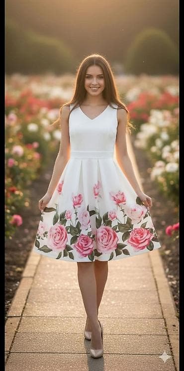 Elegantna letnja haljina sa cvetnim printom - Model: midi A-kroj, sa