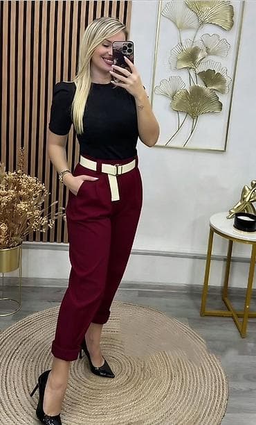 ✅Elegantne ženske pantalone sa kaišem - Model: visok struk, blago