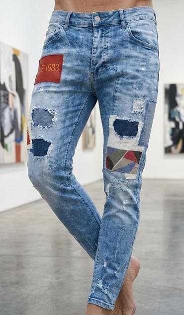 m sara farmerice: Muške teksas pantalone sa patchwork detaljima - Model: uski kroj — 1