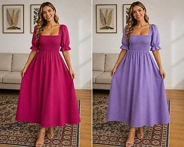 Dresses: Ženska midi haljina sa kvadratnim izrezom i puf rukavima - Kroj — 1