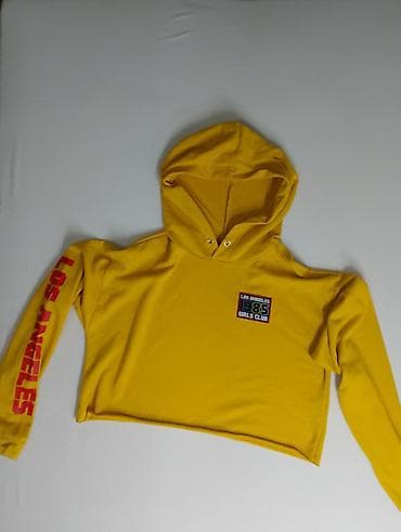 pull and bear dukserice: Žuta crop duks majica s kapuljačom, dugi rukavi. Natpis „LOS ANGELES” — 2