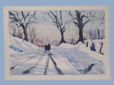 Slika, akvarel, Zima, Vojinović, 1983, neuramljena, 50x35 cm — 1