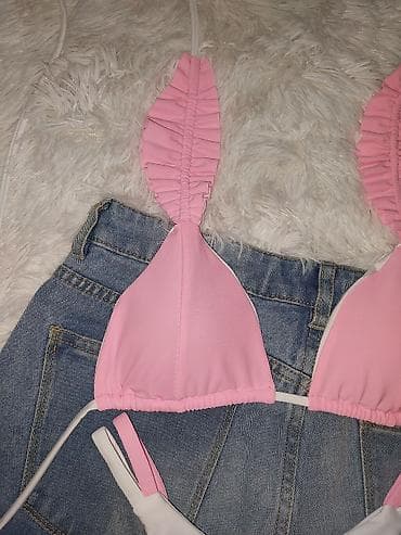 Lepota i nega: Ženski dvodelni kupaći kostim – roze/belo - Gornji deo: trouglasti — 3