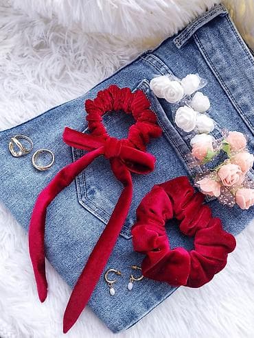 dugi rep umetak: Set baršunastih scrunchie gumica za kosu – bordo/crvena - Materijal — 4