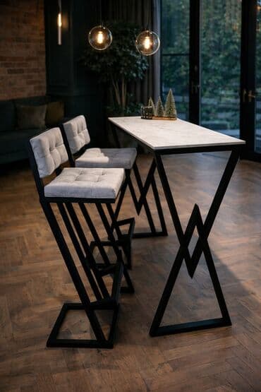 Sets of table and chairs: Industrijski bar sto sa tri barske stolice – masivno drvo i čelik - — 6