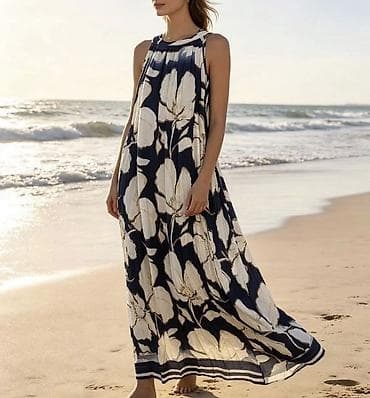 bluze oversize: Duga letnja haljina bez rukava sa velikim cvetnim printom. - Izrez — 2