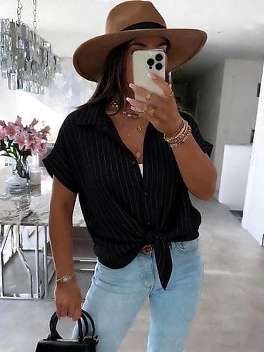 asimetricna tunika: Ženska košulja sa prugama – kratki rukavi, kopčanje na dugmad — 2