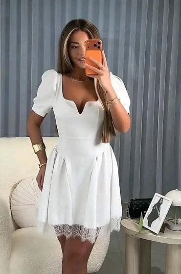 bez ranac: Elegantna kratka haljina s puf rukavima - Kroj: struk naglašen — 7