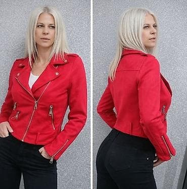 Headgear: Ženska biker jakna – crvena - Materijal: izgled brušene kože — 4