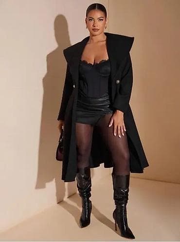 helanke za punije: Elegantni ženski crni kaput midi dužine - Kroj: struk naglašen, donji — 4