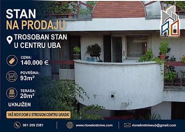 čista soba u bačkoj: Na prodaju: Trosoban stan u strogom centru Uba! Površina 93m2 — 1