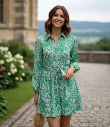 svečane haljine elipsa haljine: Zelena košulja-haljina sa printom - Model: kratka košulja-haljina — 1