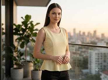 Ženska bluzica bez rukava, pastelno žuta, sa peplum krojem. - Okrugli na lalafo.rs Ženska bluzica bez rukava, pastelno žuta, sa peplum krojem. - Okrugli