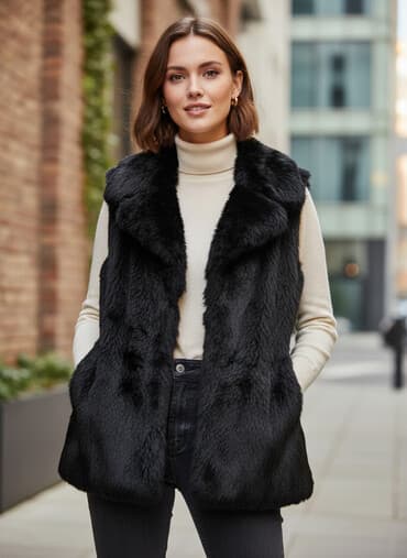 Ženska prsluk-jakna od crnog veštačkog krzna - Model: duži prsluk bez na lalafo.rs Ženska prsluk-jakna od crnog veštačkog krzna - Model: duži prsluk bez