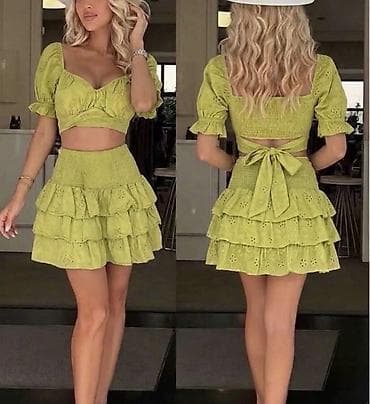 kivi boja: Komplet crop top i mini suknja od pamučne čipke. - Gornji deo: kratki — 8