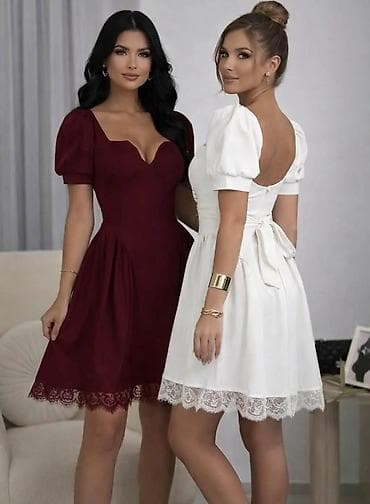 Ženska mini haljina s puf rukavima i čipkastim porubom - Kroj: struk