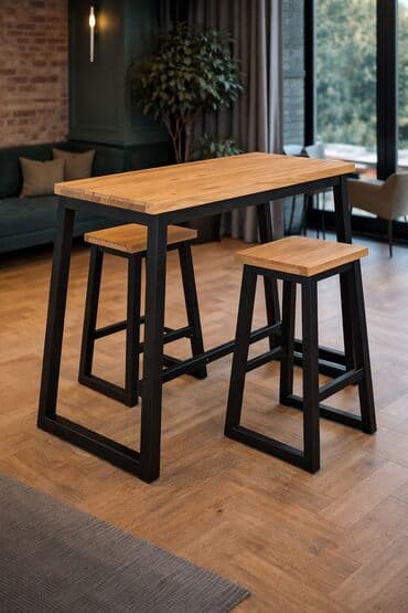 Sets of table and chairs: Industrijski bar sto sa tri barske stolice – masivno drvo i čelik - — 4