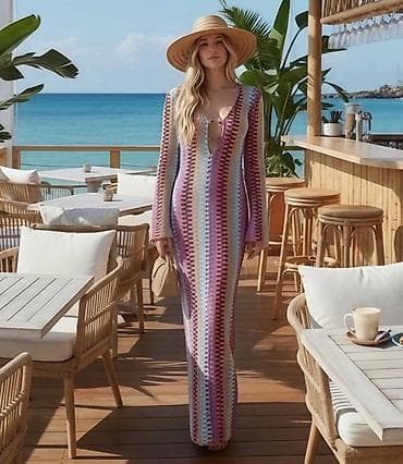 dux haljine: Duga pletena haljina za plažu sa dubokim V dekolteom i dugim rukavima — 1