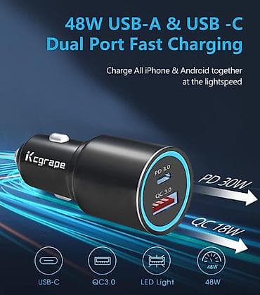 grejac za solju: Kcgrape brzi auto punjač – 48W, dva porta (USB‑C PD 3.0 + USB‑A QC — 3