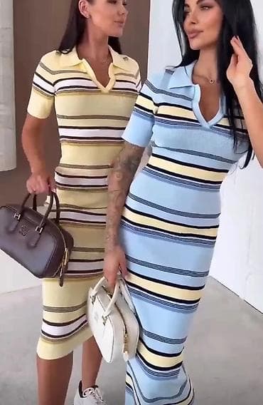 sorc ispod koljena: Ribana midi haljina sa prugama i kragnom - Kroj: pripijena silueta — 4