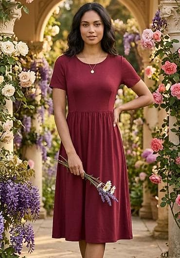 baletanke kozne: Haljina u boji burgundca, midi dužine, od mekog rastegljivog dresa — 1