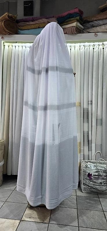 posteljina po meri: Poluprozirne zavese – bela i krem varijanta, sa tkanoj prugom/dekorom — 1